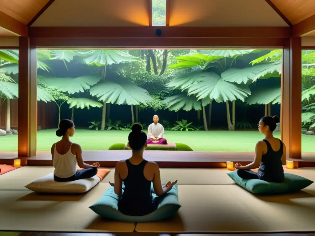 Escena tranquila de la práctica de meditación Vipassana en un salón iluminado suavemente, rodeado de vegetación exuberante