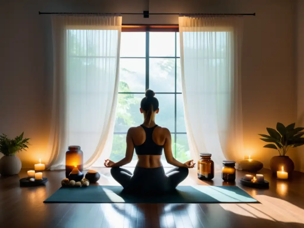 Una escena tranquila y serena, con luz natural suave filtrándose a través de cortinas vaporosas