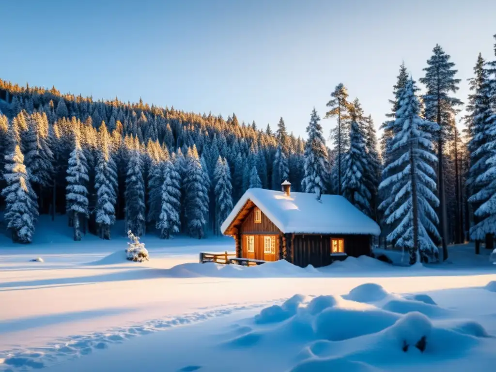 Escena tranquilizadora de un bosque nórdico nevado al atardecer, con una cabaña acogedora entre los árboles