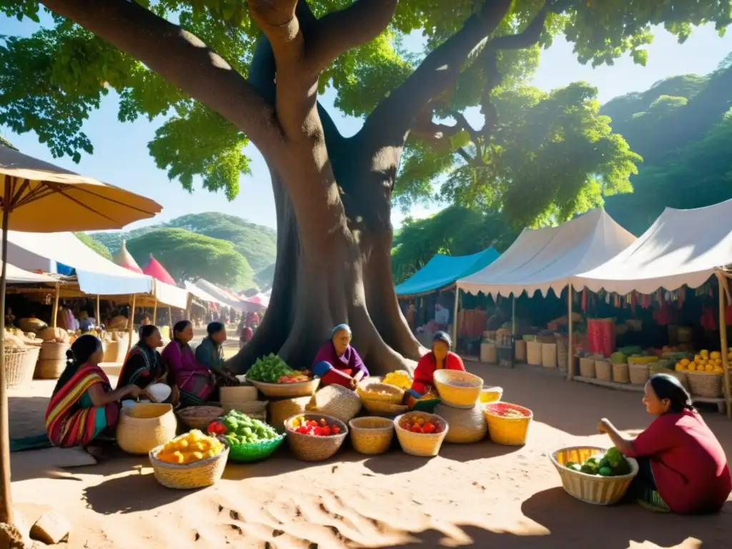 Escena de trueque y rituales en bullicioso mercado indígena, lleno de colores y tradiciones