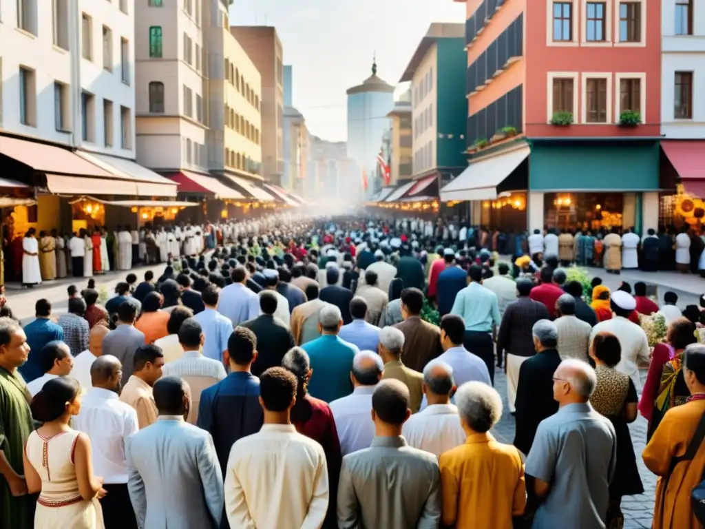 Escena urbana con diversidad de rituales y tradiciones, reflejando la evolución de los rituales en sociedad