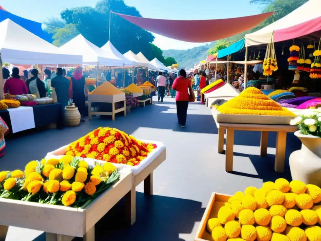 Escena vibrante de mercado con ofrendas y regalos tradicionales, comercio animado y riqueza cultural