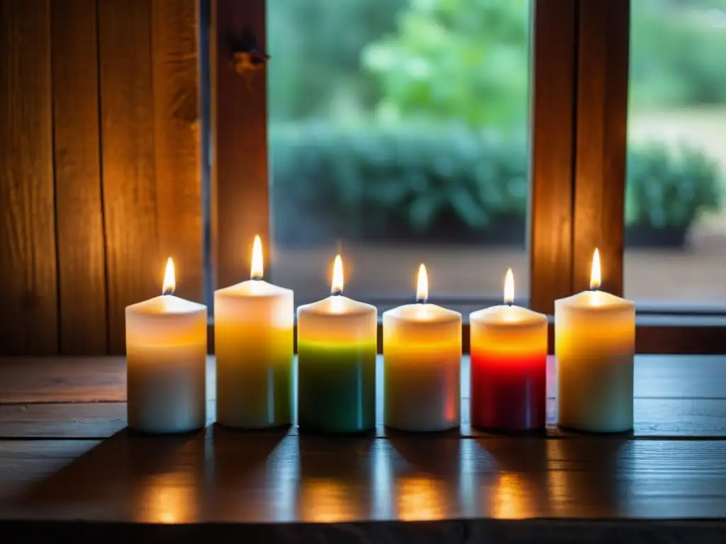 Un escenario sereno con velas de colores y formas diferentes, iluminadas por luz natural