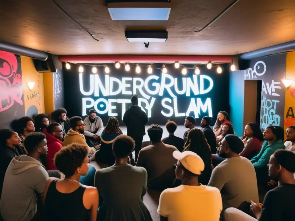 Escenario subterráneo iluminado débilmente con público variado en un ritual poético de spoken word