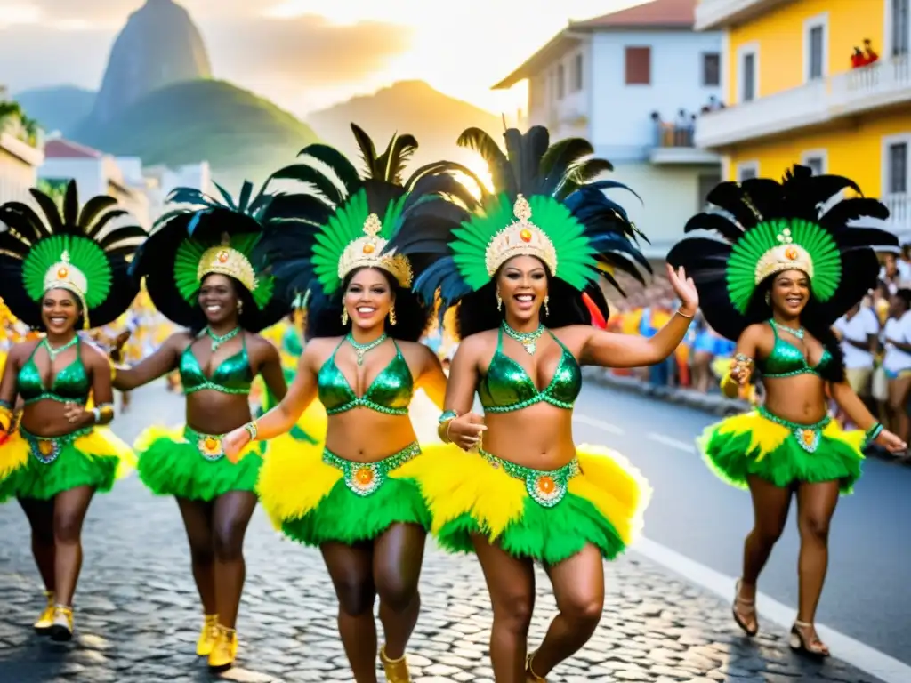 Desfile alegre de graduados de samba en Rio Graduación en escuela de samba: tradición y baile en las calles de Río de Janeiro al atardecer