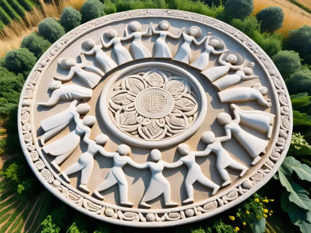 Una escultura de piedra antigua representa un ritual de fertilidad con hombres y mujeres bailando en círculo, exudando alegría y vitalidad