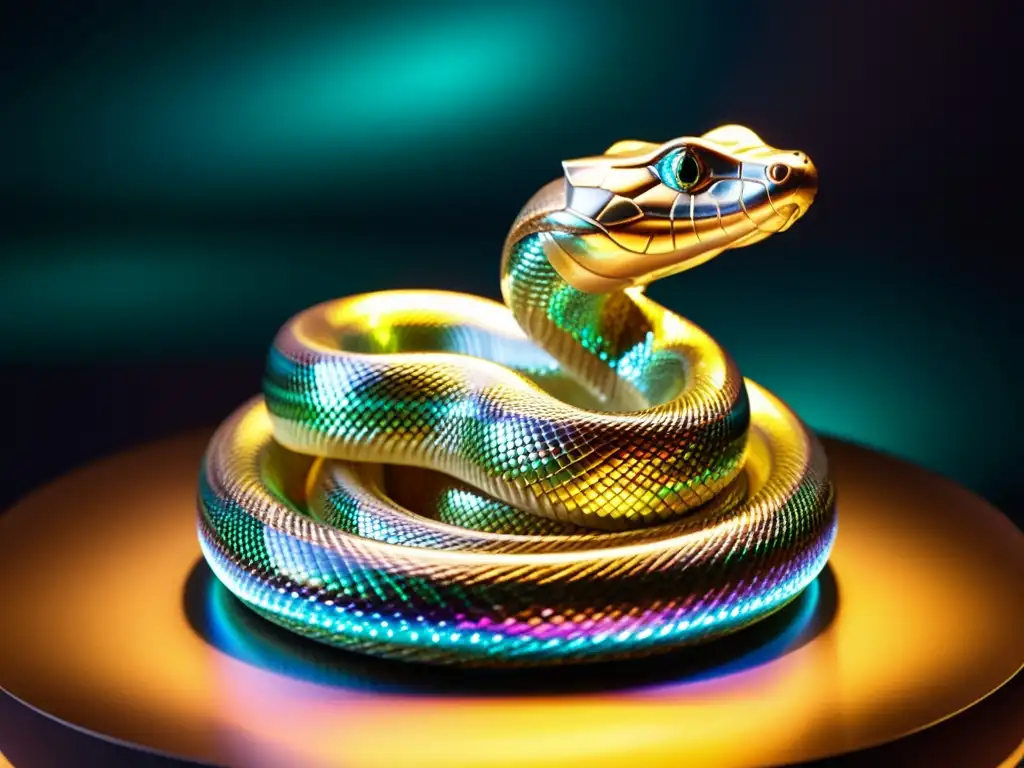 Una escultura de serpiente detallada en alta resolución enredada alrededor de un cristal iridiscente, en un fondo místico