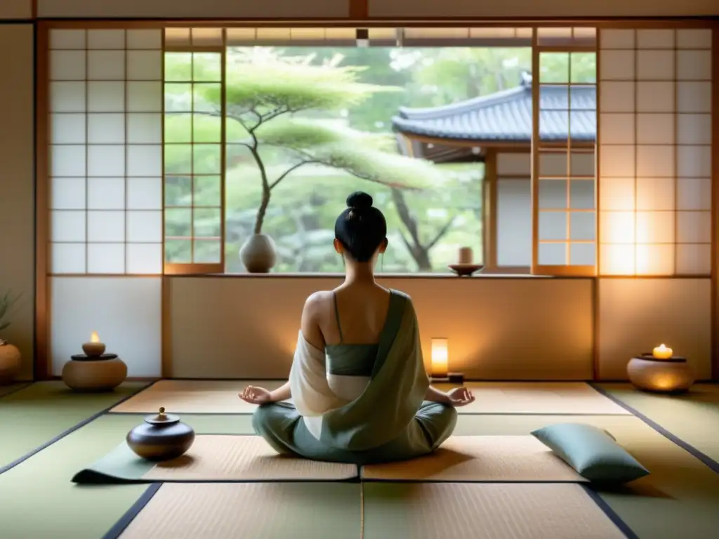 Espacio de meditación minimalista con elementos tradicionales, invocando calma y mindfulness