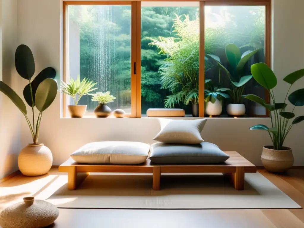 Espacio de meditación minimalista con influencia del Feng Shui en rituales, armonía, tranquilidad y equilibrio junto a la naturaleza serena