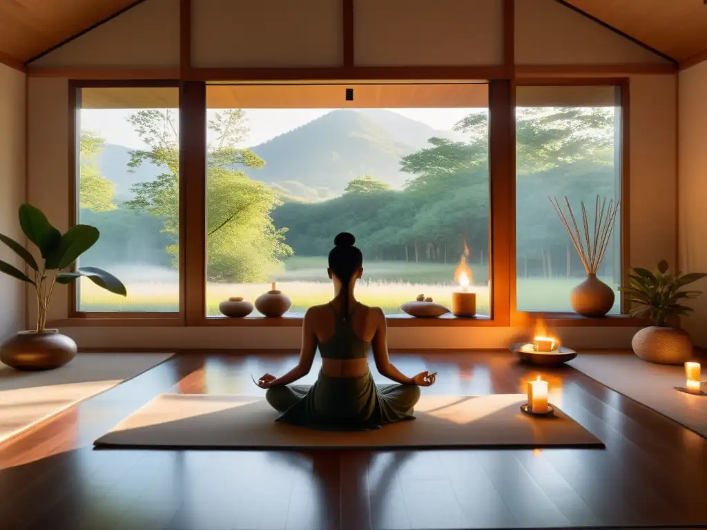 Un espacio de meditación minimalista con luz natural y elementos espirituales