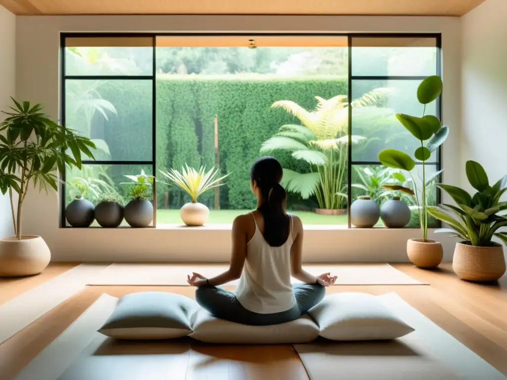 Espacio de meditación minimalista con luz natural y decoración serena, ideal para rituales y apps de meditación