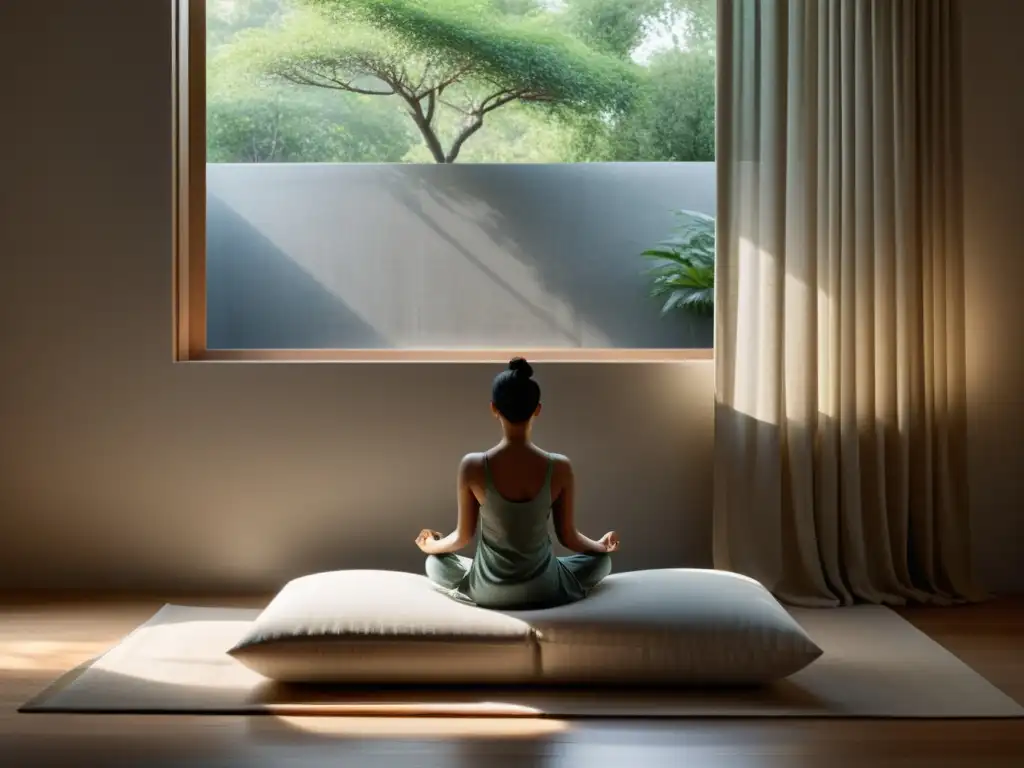 Espacio de meditación minimalista con luz suave y tranquilidad, ideal para apps rituales minimalistas meditación