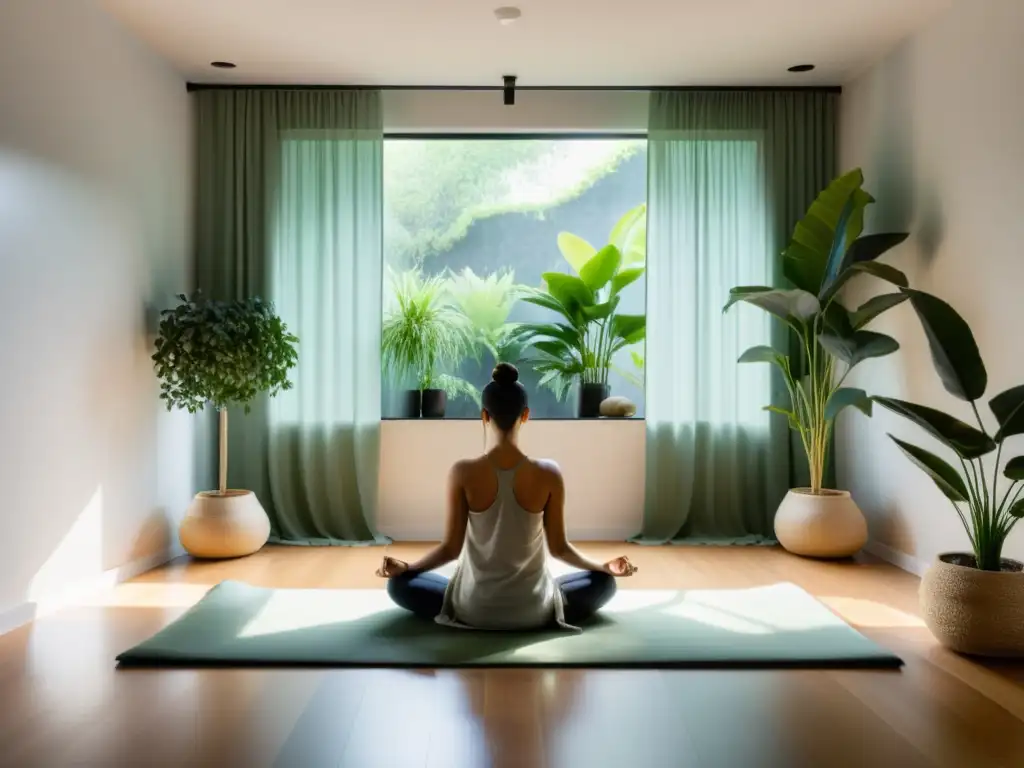 Espacio de meditación minimalista con luz suave y serena, rodeado de plantas y una fuente tranquila