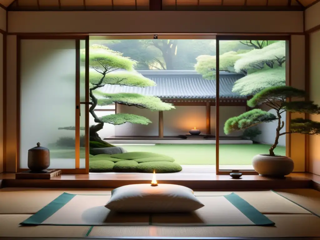 Espacio de meditación Zen con decoración minimalista y vista al jardín