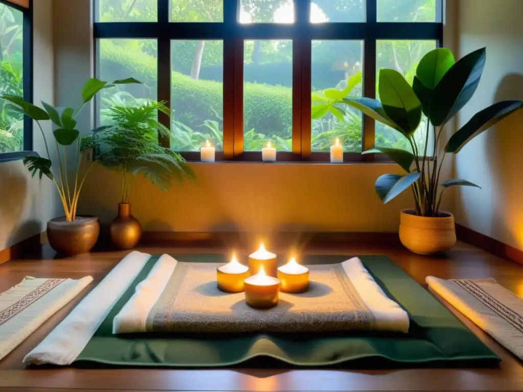 Espacio sagrado para meditar en casa, con luz suave y vistas al jardín exuberante