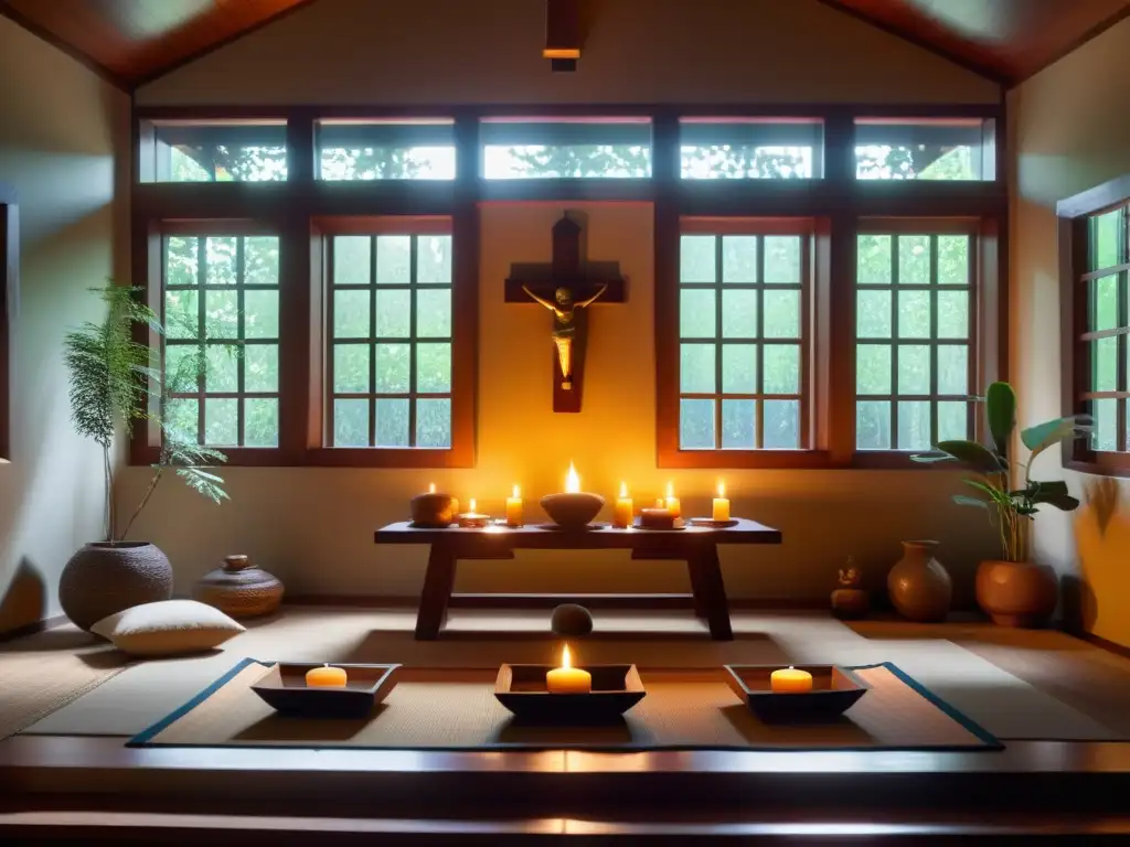 Espacio sagrado en el hogar con luz cálida, velas, incienso y símbolos religiosos, invitando a la paz y la meditación