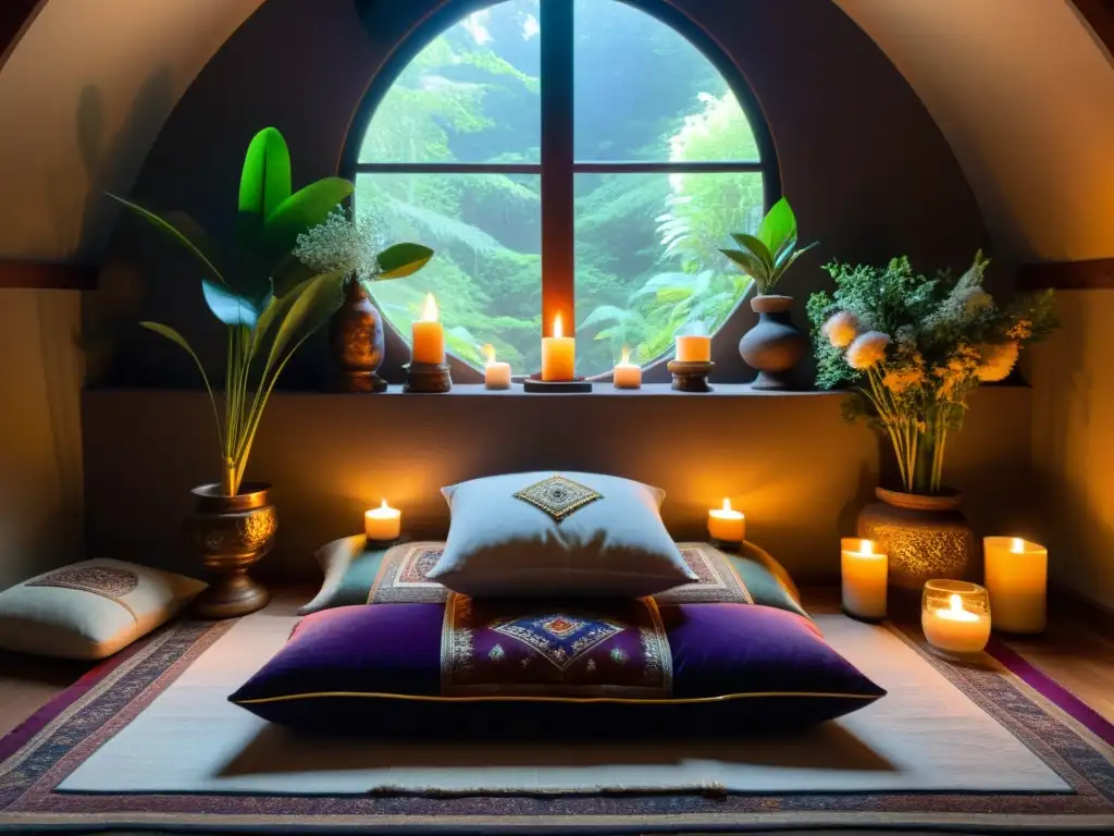 Espacio sagrado en el hogar para meditación y reflexión, con velas, cristales y hierbas aromáticas, y una almohada de meditación en el centro