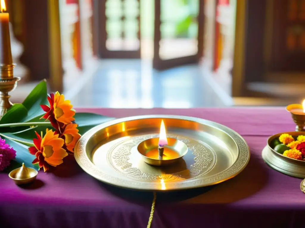 Un espacio sagrado hindú con votos y ayunos sagrados, decorado con thali y diya de latón, rodeado de temple y devotos