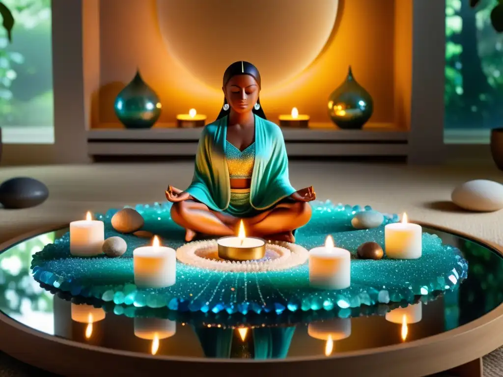 Espacio de meditación sereno con cristales, vela encendida y figura meditando