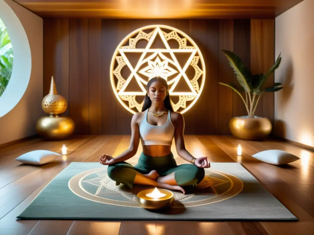 Espacio de meditación sereno con geometría sagrada en rituales, iluminado y acogedor, con una persona meditando