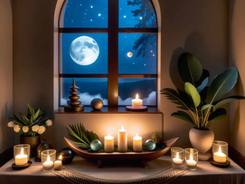 Un espacio sereno iluminado por la luz de la luna, decorado con cuidado y elementos simbólicos para un ritual de decoración Luna Nueva