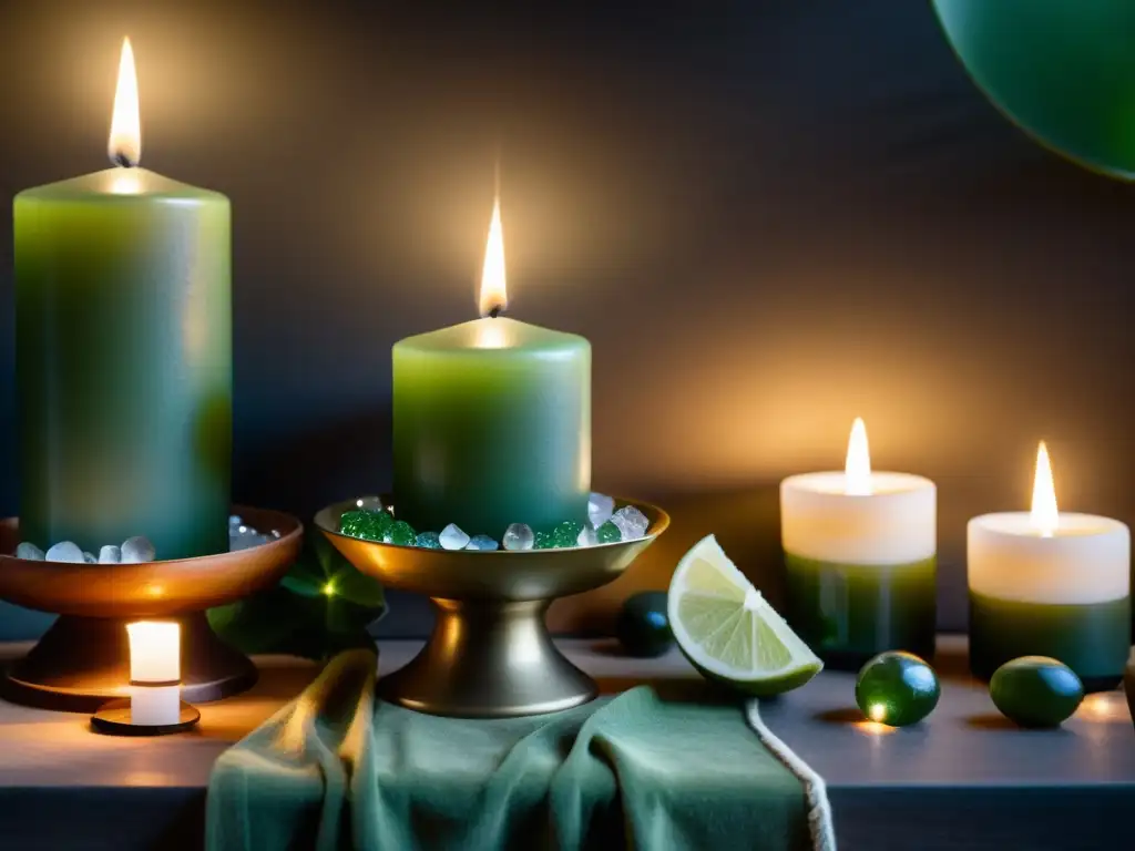 Un espacio sereno iluminado por velas verdes, aromas y cristales, ideal para rituales de abundancia con velas verdes