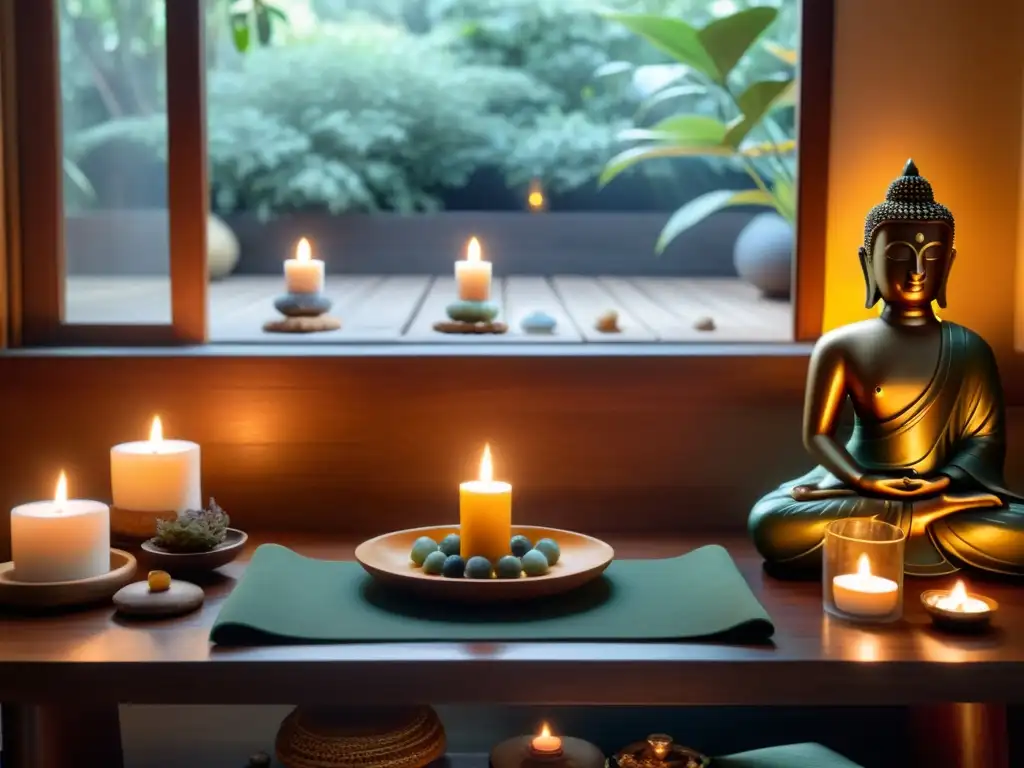 Un espacio sereno iluminado por velas y grandes ventanas, con objetos para potenciar práctica espiritual