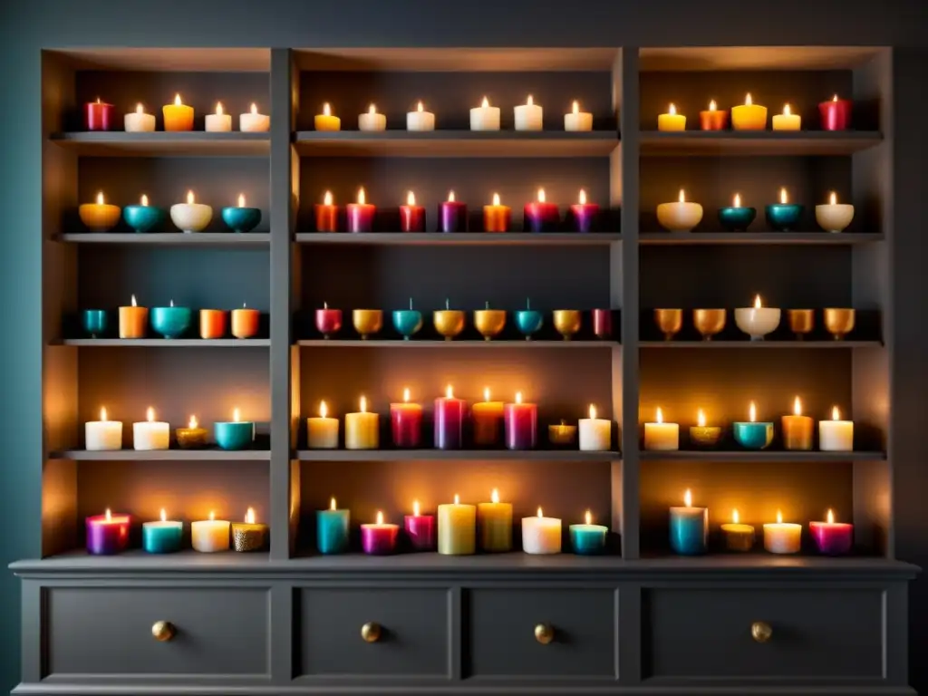 Un espacio sereno iluminado por velas ornamentadas, evocando una atmósfera mística y la guía de merchandising ritual con velas