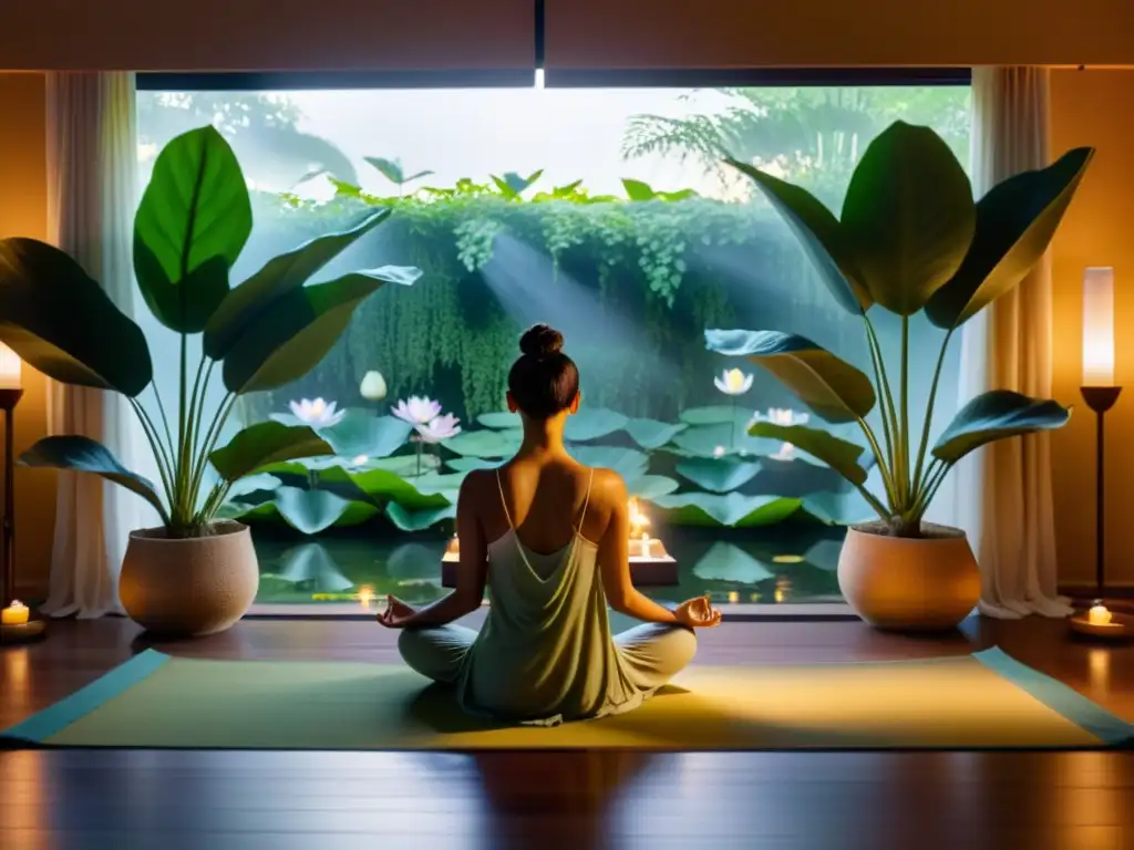 Espacio de meditación sereno iluminado por velas, con luz dorada suave filtrándose a través de cortinas transparentes