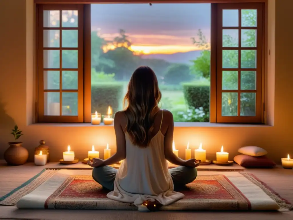 Un espacio sereno con luz dorada, donde se realiza un ritual matutino para potenciar el día, con meditación, velas y té de hierbas