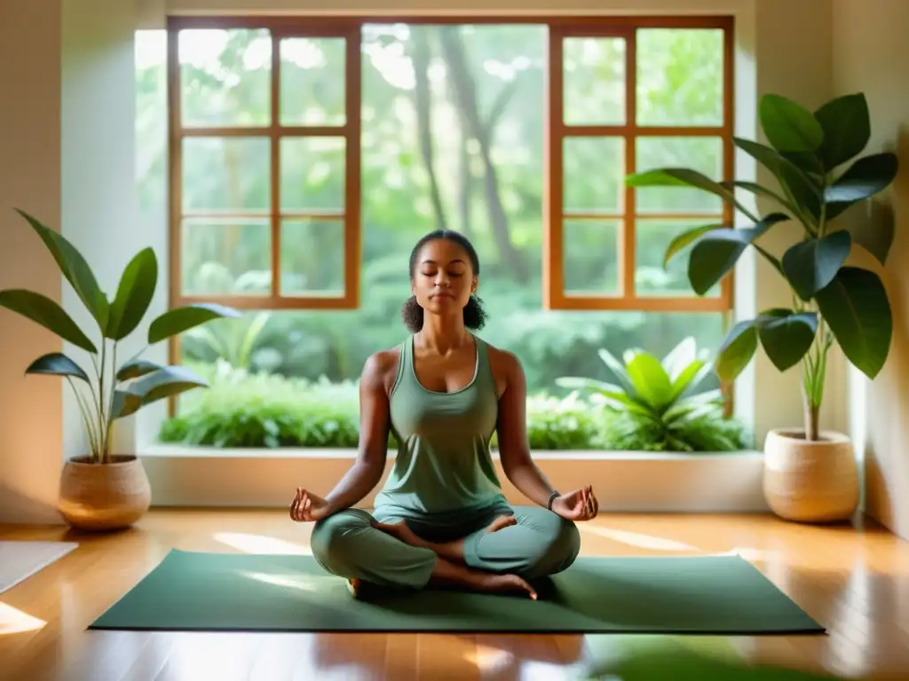 Espacio de meditación sereno con luz natural, figura en meditación profunda