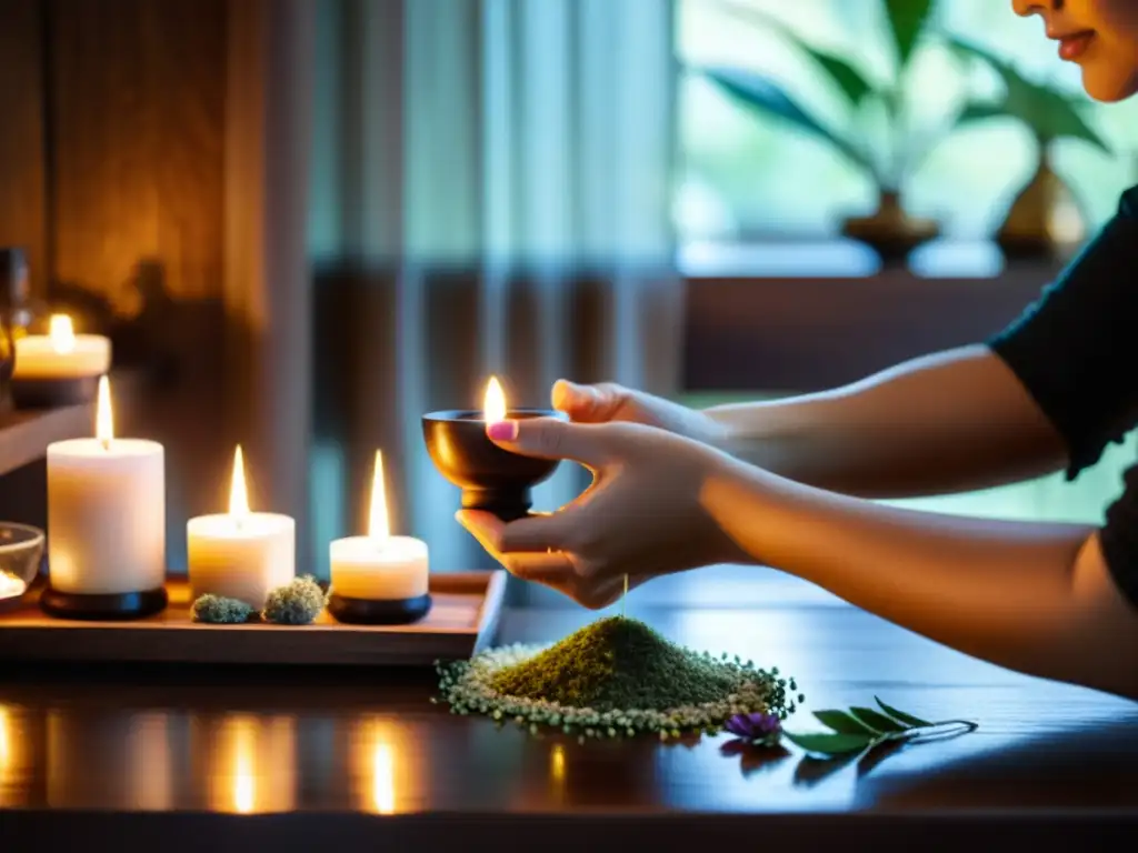 Un espacio sereno con luz natural, donde se crean rituales de aromaterapia personalizados con aceites esenciales, hierbas y velas