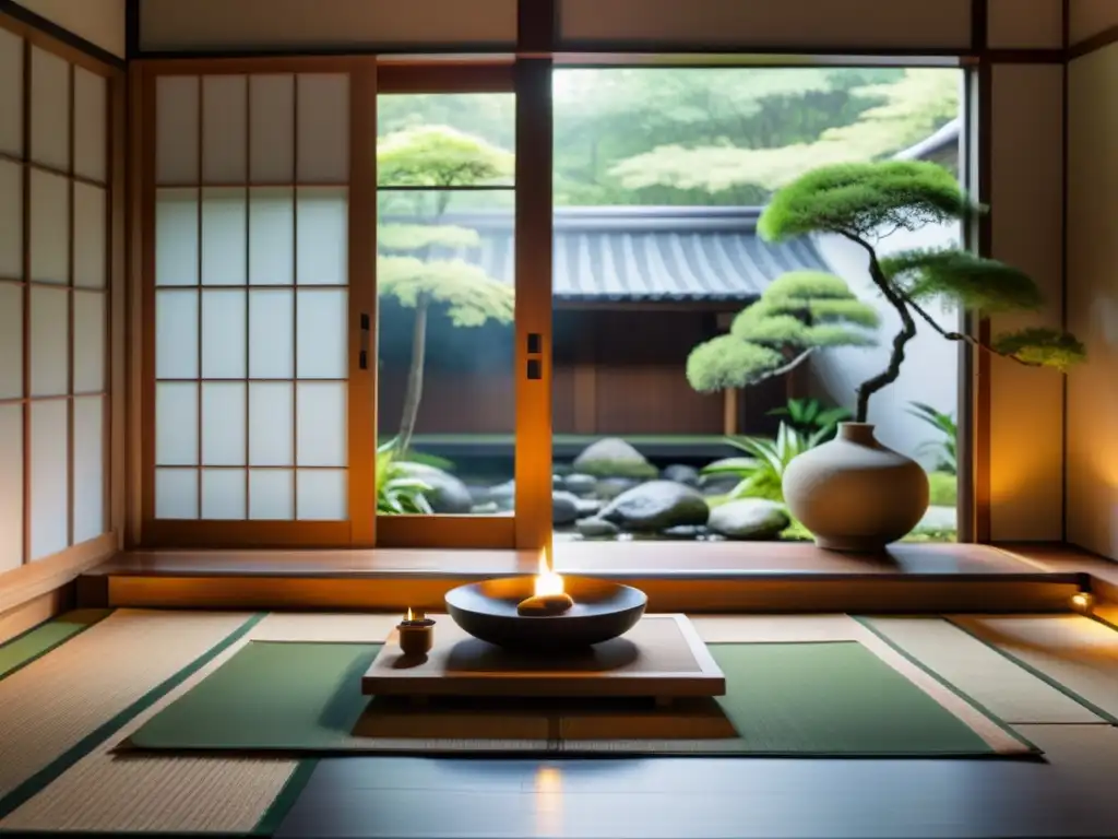 Espacio sereno de meditación minimalista con diseño japonés, tatamis, mesa de madera baja con incienso, ventana amplia y jardín pacífico