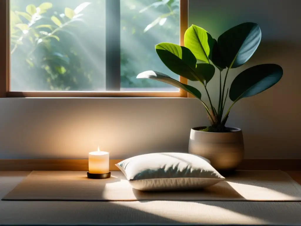 Espacio sereno de meditación minimalista con luz natural y elementos esenciales para rituales de introspección en minimalismo