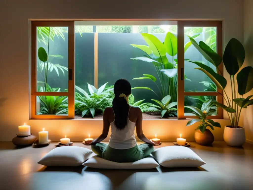 Espacio de meditación sereno con plantas verdes, velas y incienso, para rituales de meditación y armonía espiritual