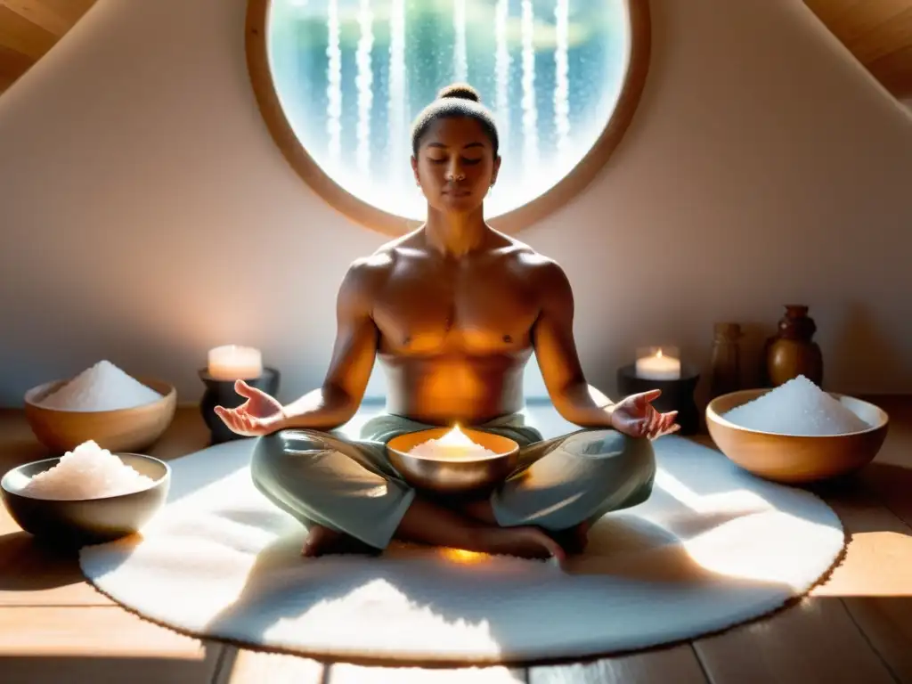 Espacio de meditación sereno con rituales de limpieza energética con sal, evocando tranquilidad y purificación espiritual