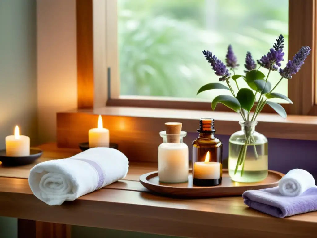 Un espacio sereno de spa con mesa de masajes de madera, toallas blancas, aceites esenciales en rituales de relajación, plantas y velas