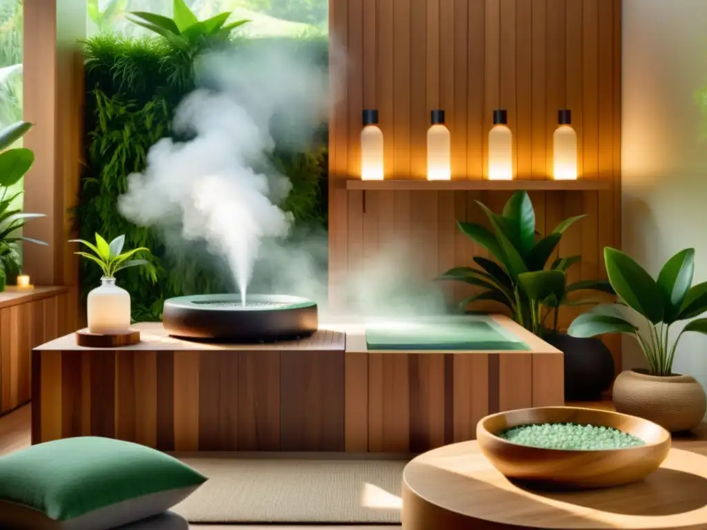 Un espacio de spa sereno con aromaterapia para bienestar mental: luz suave, plantas exuberantes y una persona relajada