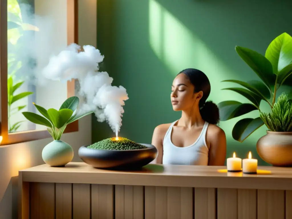 Un espacio de spa sereno con plantas verdes exuberantes y rituales olfativos para aliviar la mente