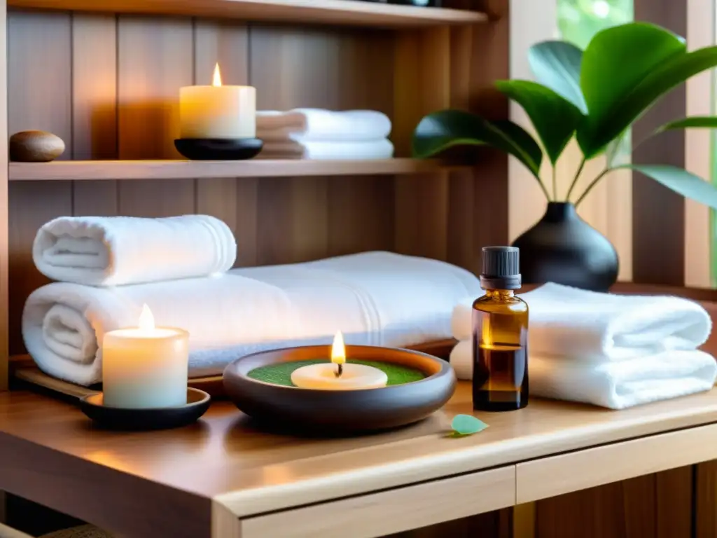 Un espacio de spa tranquilo y relajante con aceites esenciales en rituales de relajación, plantas verdes y una mesa de masajes minimalista