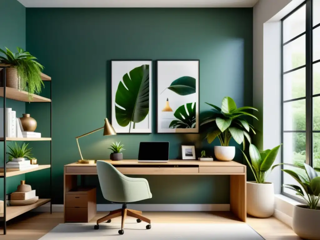 Espacio de trabajo armonizado según feng shui, con un escritorio despejado, plantas verdes y luz natural que crea un ambiente tranquilo y productivo