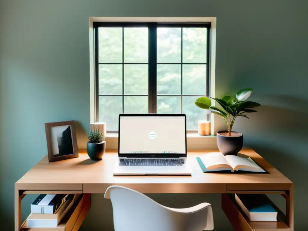 Un espacio de trabajo en casa sereno y minimalista, con luz natural y elementos para rituales de bienestar para equilibrio