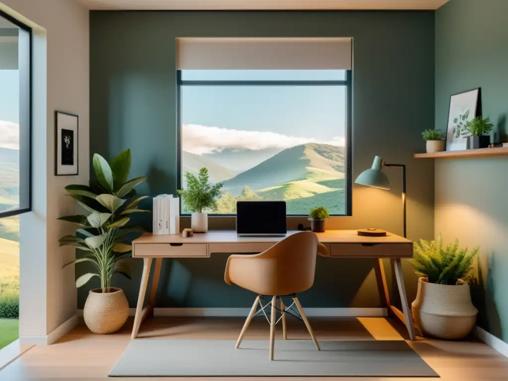 Espacio de trabajo minimalista y sereno con vista a la naturaleza