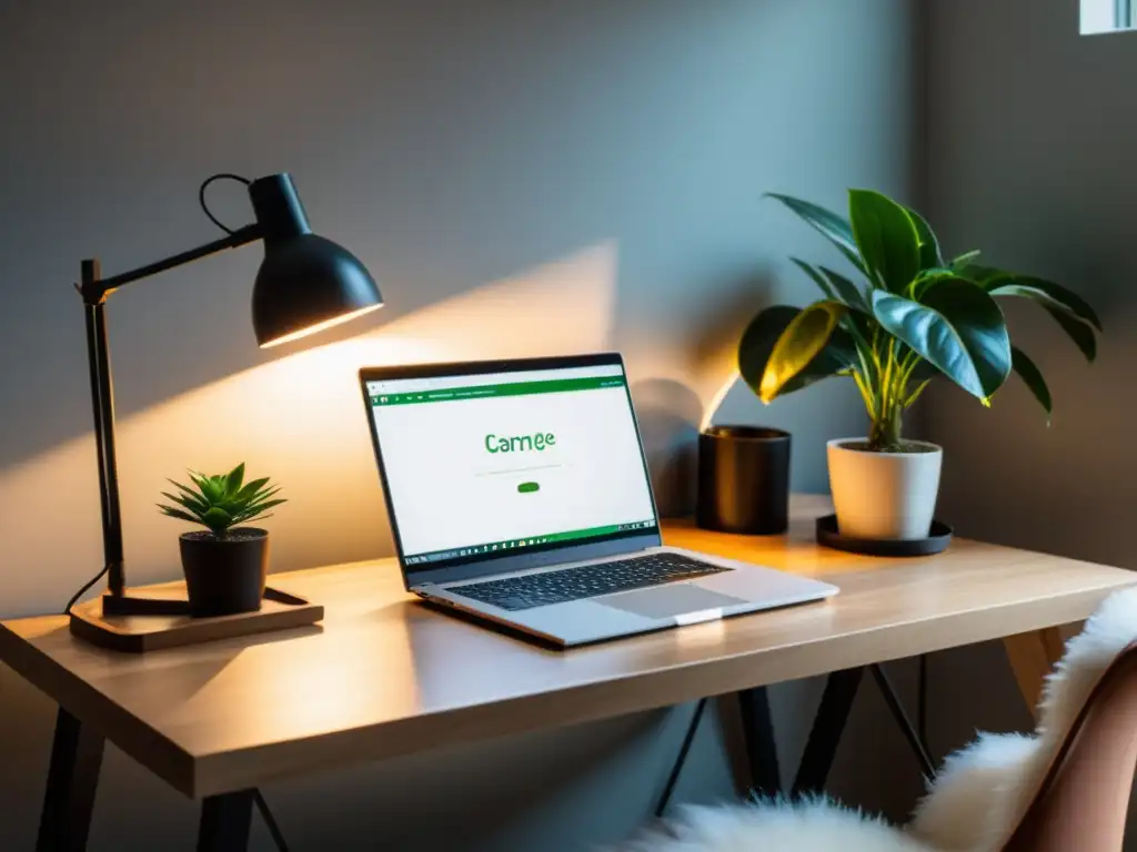 Un espacio de trabajo minimalista y sereno con luz natural, un escritorio de madera y plantas