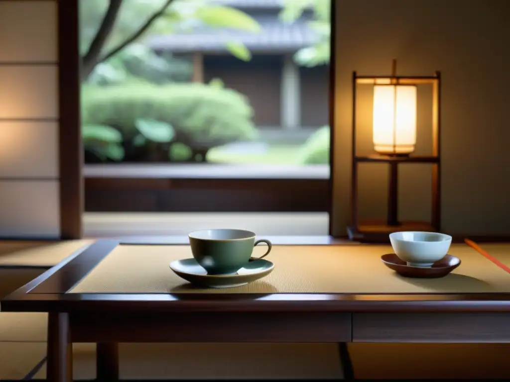 Un espacio tranquilo y sereno con un juego de té japonés tradicional en una mesa de madera iluminada por un suave rayo de sol