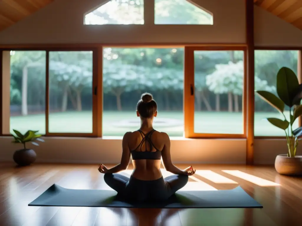 Espacio de yoga sereno con ventana grande que da a un jardín