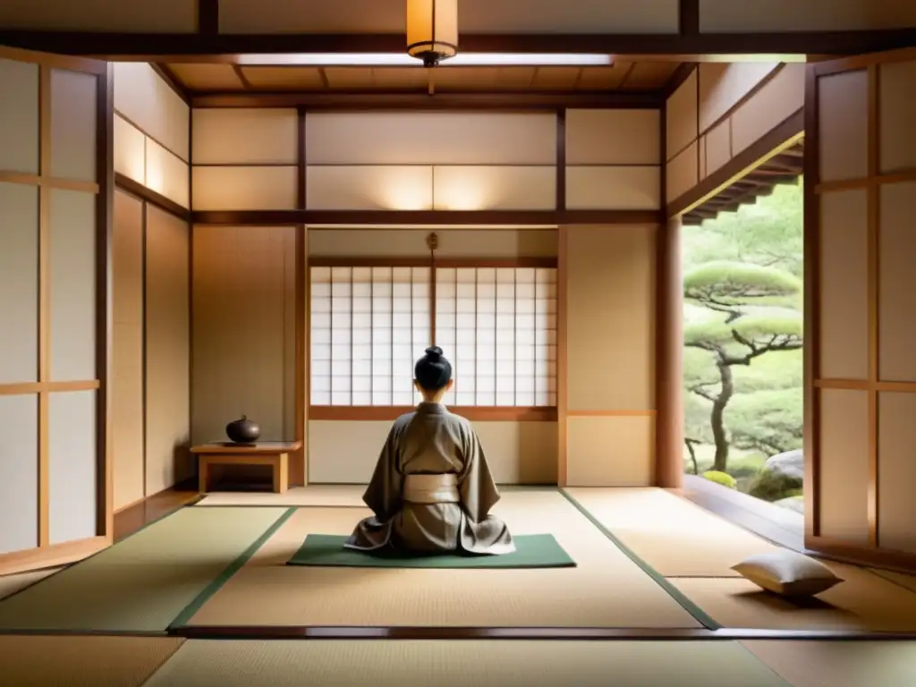 Espacio zen en templo: meditación, calma y tranquilidad