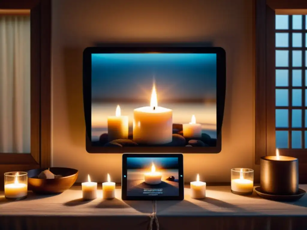 Crear espacios sagrados digitales: una habitación tranquila con un altar digital iluminado por velas virtuales y símbolos sagrados