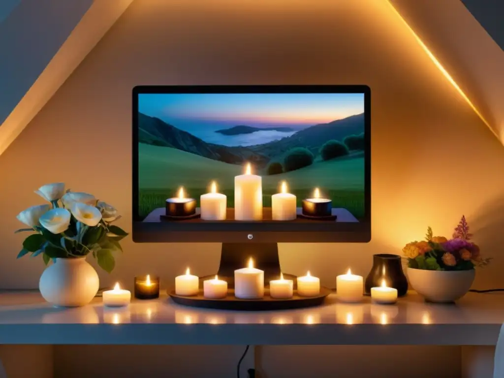 Crear espacios sagrados digitales: Imagen de un tranquilo altar virtual en pantalla, con velas, flores y objetos sagrados digitales, en un paisaje virtual pacífico y sereno