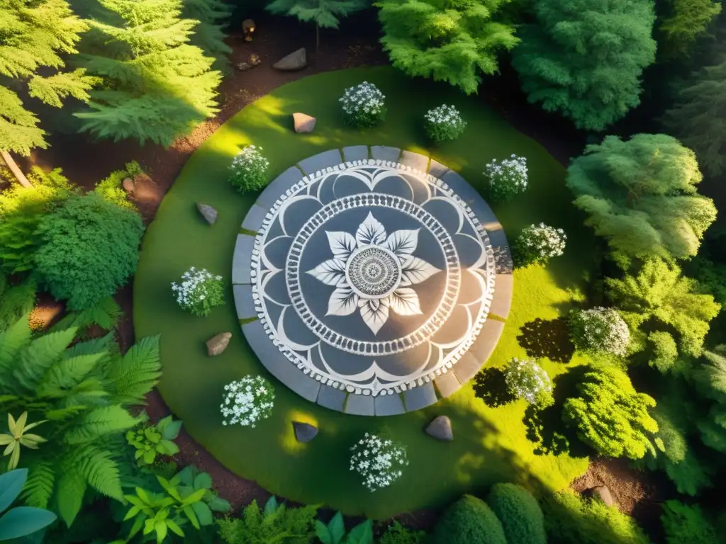 Crear espacios sagrados en la naturaleza: un claro sereno en un bosque exuberante, con un altar de piedra natural y un mandala de hojas y flores